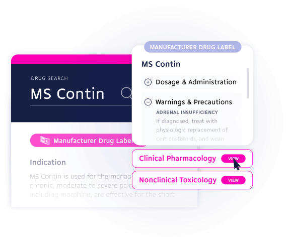 drug label module to find scientific drug product information including pharmacology, toxicology and references